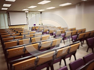 Empty classroom, college lecture hall  preparing for education in university, conference room before meeting. Business meeting