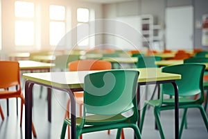 Empty classroom with colorful desks and chairs, back to school concept. Generative ai