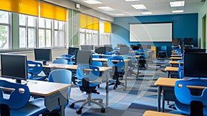 Empty classroom computer lab with vibrant yellow and blue chairs and a whiteboard.