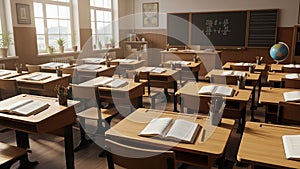 Empty Classroom with Desks, Blackboard, and Globe