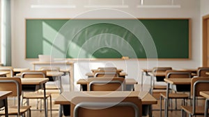 Empty Classroom with Desks and Chalkboard Bathed in Sunlight
