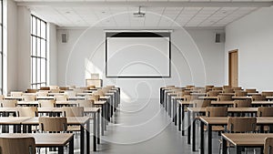 Empty classroom with desks and projector screen for education