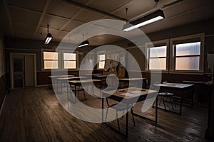 empty classroom, with dimmed and rustic lighting, for a dramatic setting