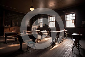 empty classroom, with dimmed and rustic lighting, for a dramatic setting