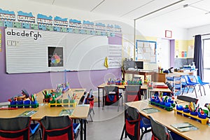 Empty Classroom In Elementary School With Whiteboard And Desks photo