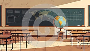 Empty Classroom with Globe and Blackboard