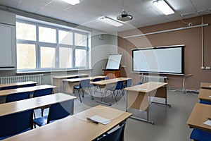 empty classroom with interactive whiteboard and projector for use in modern learning environment