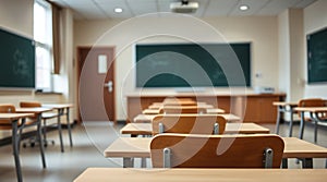 Empty classroom interior with green chalkboards and a wooden desks