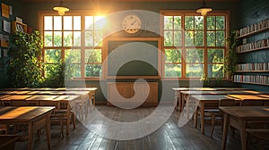 Empty classroom interior with sunlight