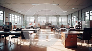 Empty classroom interior with sunlight