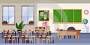 Empty classroom interior, vector flat illustration. School furniture and design elements. Back to school background