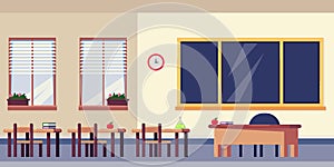 Empty classroom interior, vector flat illustration. School furniture and design elements. Back to school background