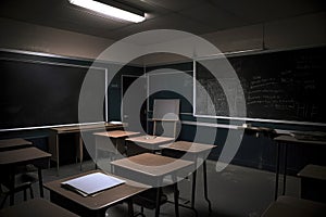 empty classroom, with lights dimmed and blackboard in the foreground