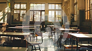 An empty classroom with many tables and chairs