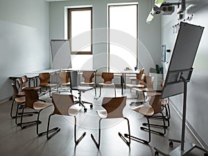 Empty classroom. Modern classroom. Convenient audience for classes. Chairs stand in a circle
