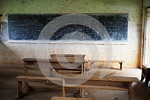 Empty classroom in poor rural school with wooden benches