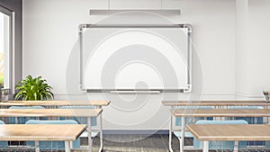 Empty classroom or presentation room interior with desks  chairs and whiteboard