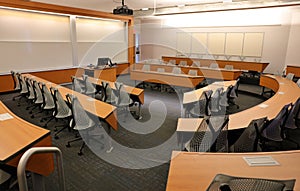 Empty Classroom with Projector & Blank Screen