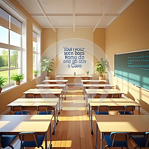 Empty Classroom with Rows of Desks and Sunlight Streaming Through Windows school