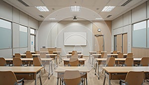 Empty classroom with rows of wooden desks and chairs facing a whiteboard