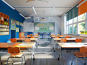 an empty classroom at school, September, back to school. Layout, background