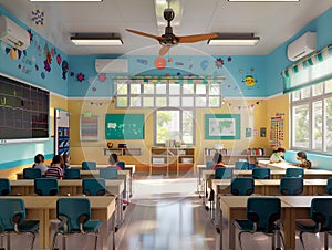 an empty classroom at school, September, back to school. Layout, background
