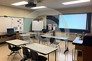empty classroom setup with smartboard, projector, and laptop for modern learning
