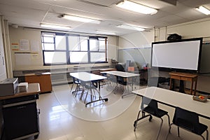 empty classroom with smartboard and projector setup
