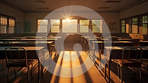 an empty classroom in the soft light of dawn, where the sun peeks through partially open blinds