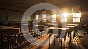 an empty classroom in the soft light of dawn, where the sun peeks through partially open blinds