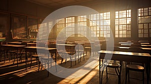 an empty classroom in the soft light of dawn, where the sun peeks through partially open blinds