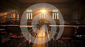 an empty classroom in the soft light of dawn, where the sun peeks through partially open blinds