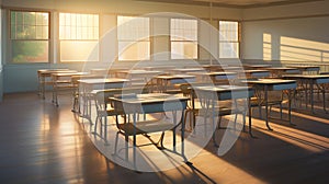 an empty classroom in the soft light of dawn, where the sun peeks through partially open blinds