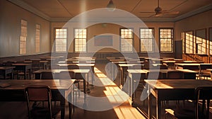 an empty classroom in the soft light of dawn, where the sun peeks through partially open blinds