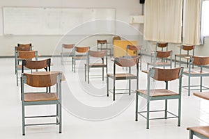 Empty classroom without students due to COVID-19 pandemic and schools being closed. Back to school concept