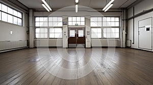 Empty classroom or studio with large windows and wooden floor, ready for use