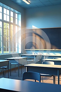 Empty Classroom with Sunlight Streaming Through Large Windows school education