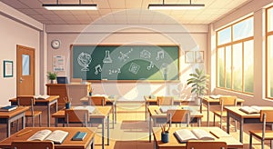 Empty classroom with sunlight streaming through windows and chalkboard
