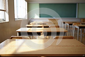 Empty classroom with sunlight streaming through windows and a green chalkboard