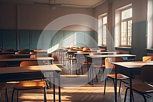 Empty classroom with tables and chairs with big window