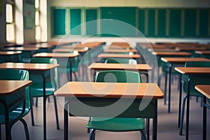 Empty classroom with tables and chairs with big window