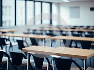 An empty classroom with tables and chairs.