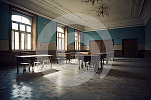 Empty classroom with tables and chairs in an old school building. 3d rendering, Decorated Interior of an empty school class, AI