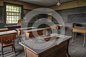 empty classroom, with vintage desks and chalkboards for a classic look