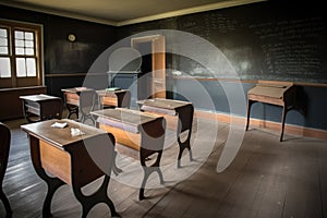 empty classroom, with vintage desks and chalkboards for a classic look