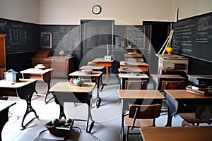 empty classroom, with vintage desks and chalkboards for a classic look