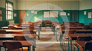 Empty classroom, vintage wooden interior with lecture chairs and desks