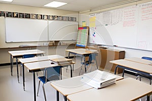 empty classroom with whiteboard and markers, ready for lesson plan