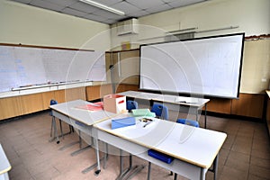 empty classroom with whiteboard and markers, ready for lessons