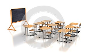 Empty classroom with wooden desks